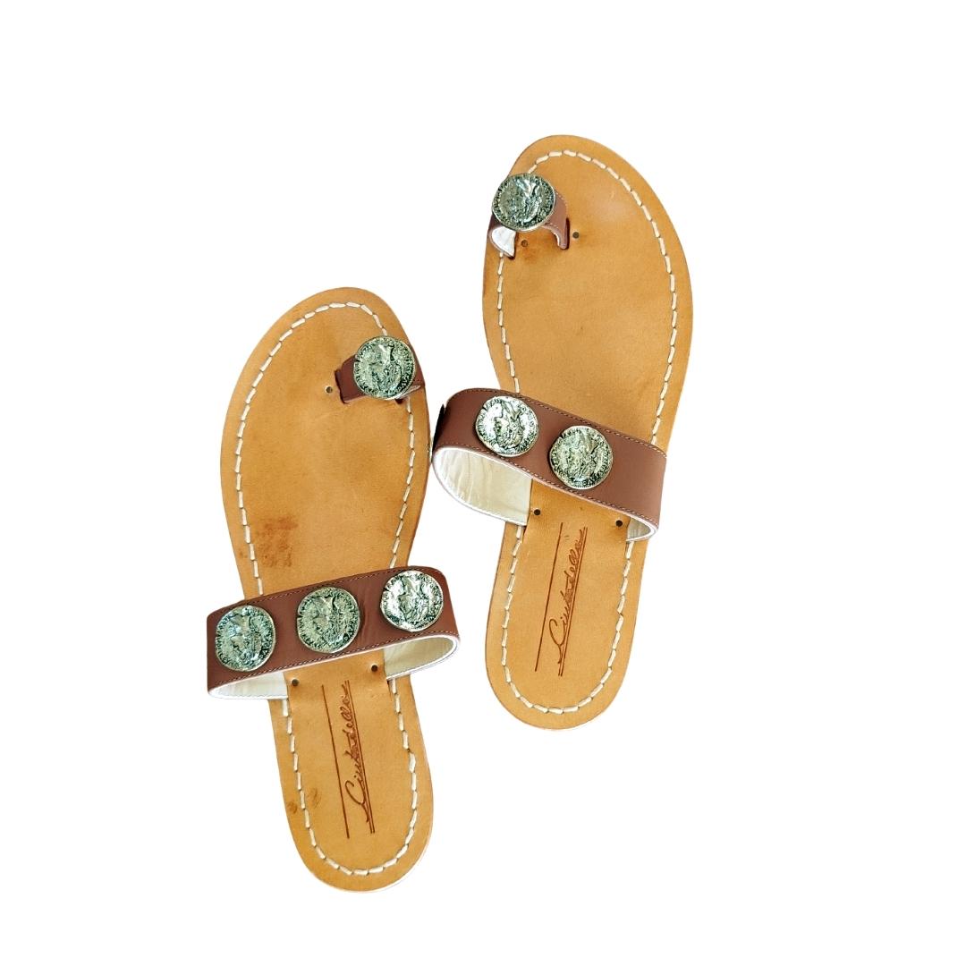 Sandales italiennes en cuir végétal & pièces de monnaie argentées - Verona